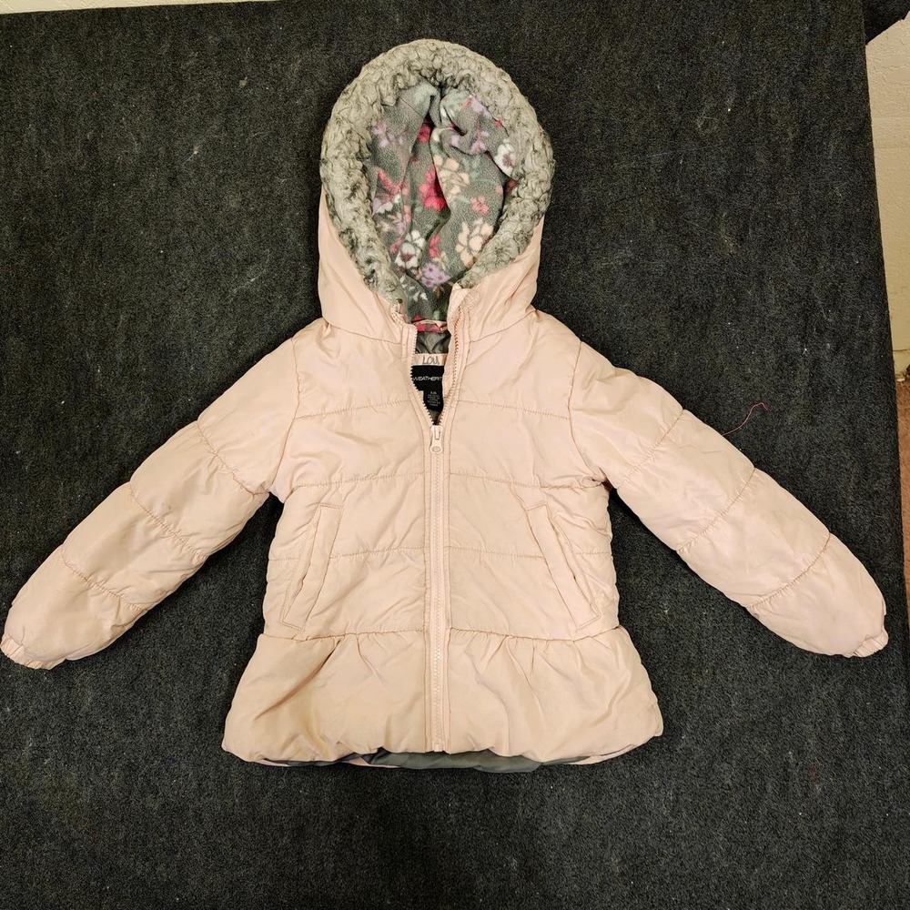 Weather Tamer Girls Peach Pink Puffer Jacket Fleece Hood Peplum Hem 5/6